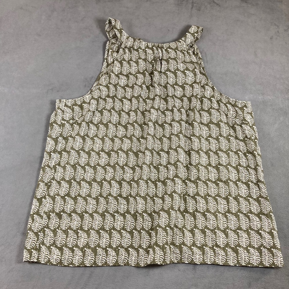 Talbots XL Olive Green White Leaf Print Gold Metallic Stripe Sleeveless Top